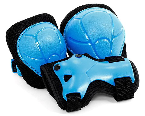 The SFR Essentials Youth Triple Pad Set V2 - Blue features kids’ protective gear, including blue skating pads and a matching wrist guard with black straps, ideal for skating, biking, or skateboarding. Brand: SFR.
