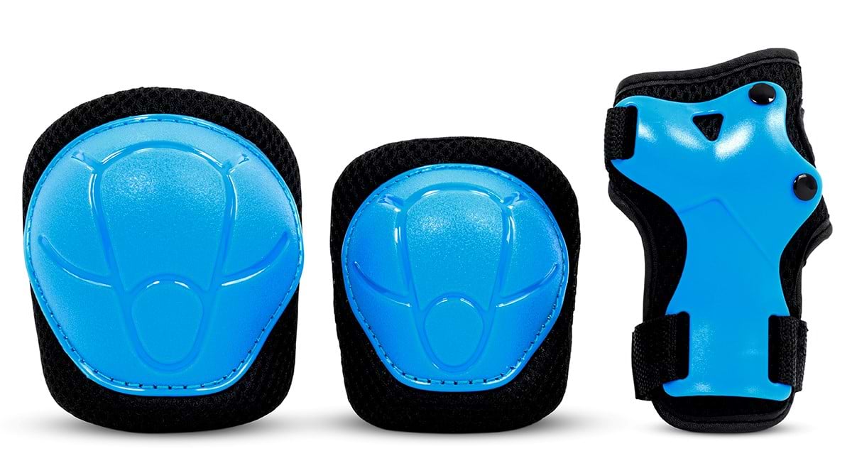 The SFR Essentials Youth Triple Pad Set V2 - Blue includes knee pads, elbow pads, and a wrist guard with hard blue shells and black padding—perfect protective gear by SFR for kids during skating.