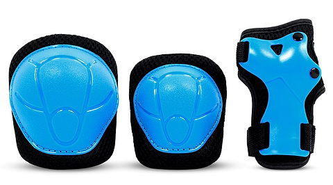 The SFR Essentials Youth Triple Pad Set V2 - Blue includes knee pads, elbow pads, and a wrist guard with hard blue shells and black padding—perfect protective gear by SFR for kids during skating.