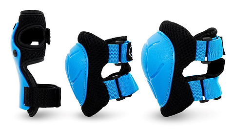 Three views of the SFR Essentials Youth Triple Pad Set V2 - Blue by SFR, showing blue and black pads with adjustable straps, hard plastic protection, and breathable padding—perfect kids’ gear for skating or similar activities.