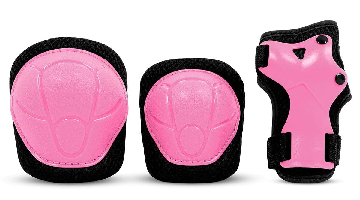 The SFR Essentials Youth Triple Pad Set V2 in pink by SFR includes a knee pad, an elbow pad, and a wrist guard for kids, displayed side by side on a white background.