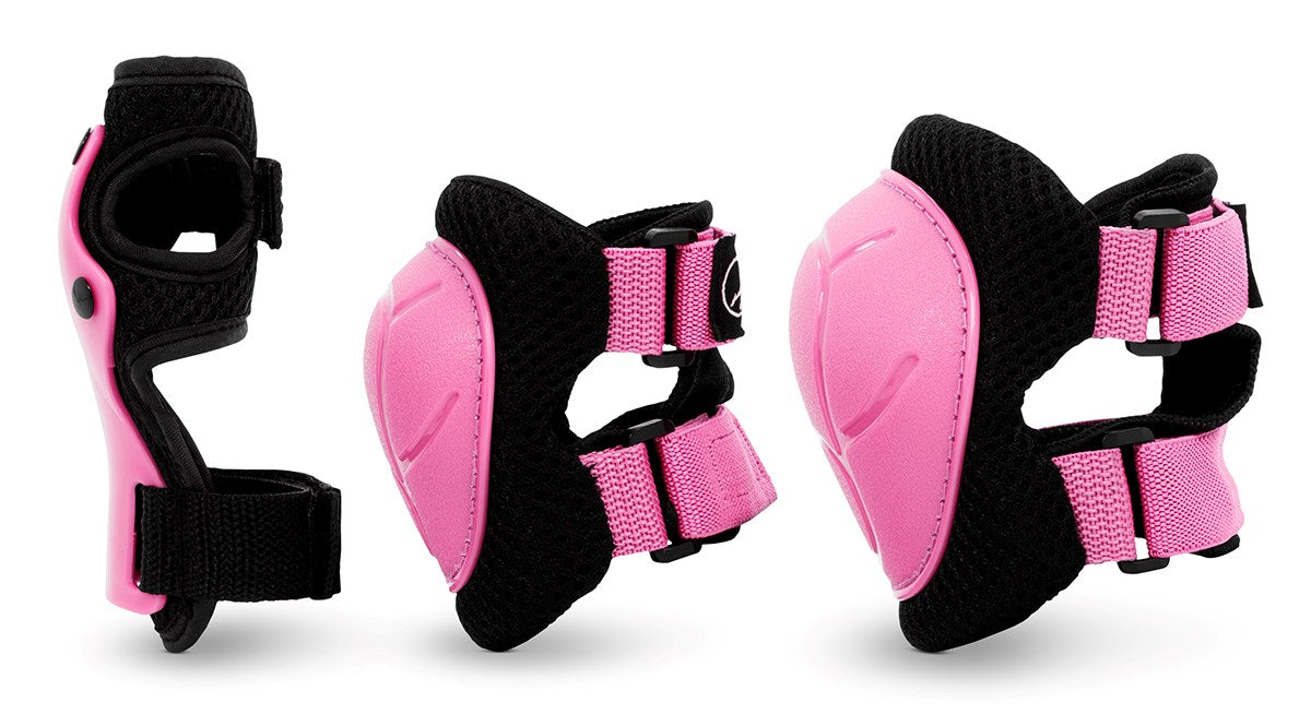The image displays three pink and black SFR Essentials Youth Triple Pad Set V2 wrist guards. Each SFR guard features adjustable straps and a hard pink shell, providing essential protection for kids while skating.