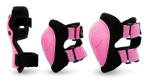 The image displays three pink and black SFR Essentials Youth Triple Pad Set V2 wrist guards. Each SFR guard features adjustable straps and a hard pink shell, providing essential protection for kids while skating.