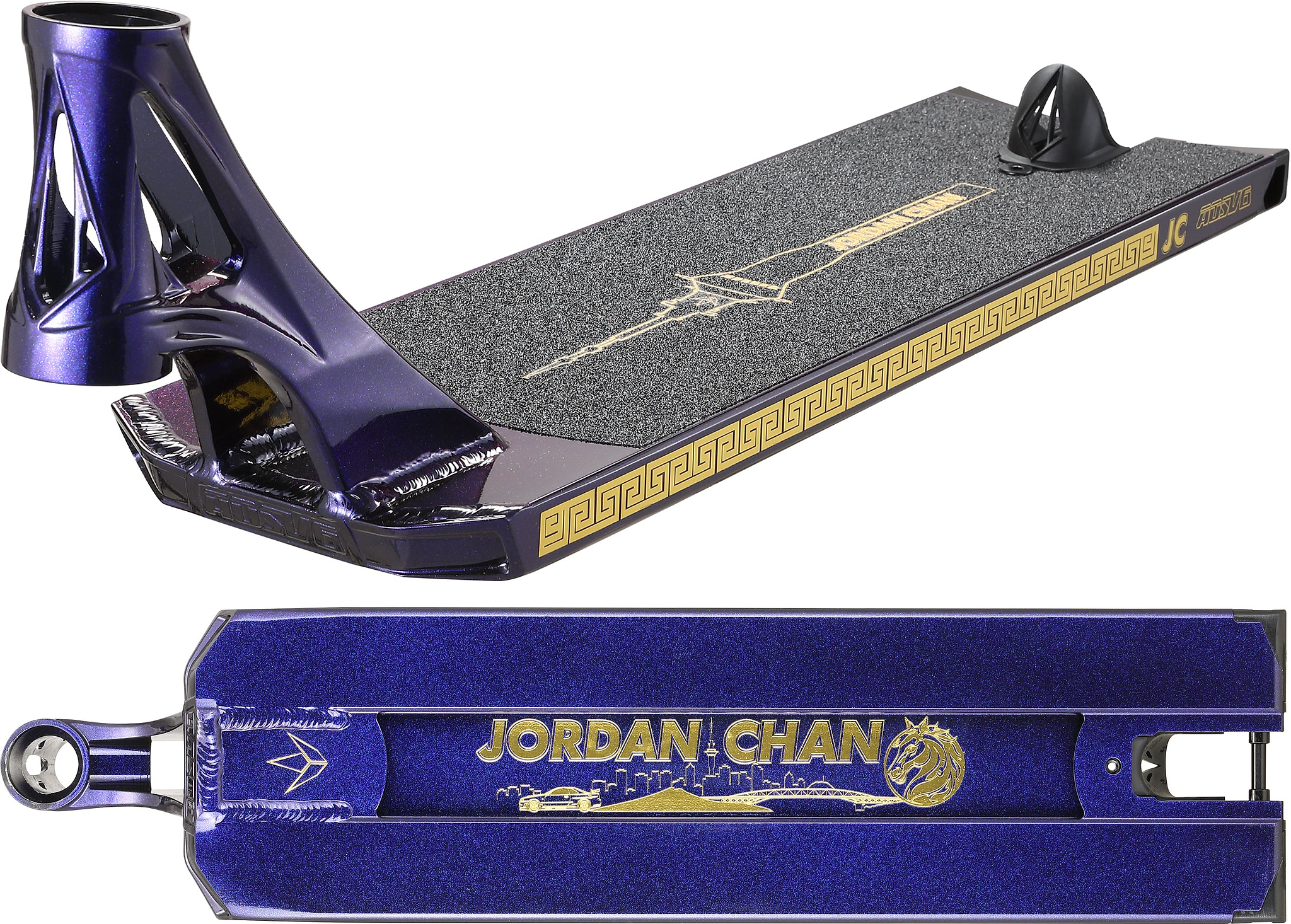 Featuring a striking purple finish with gold accents, the Blunt Envy AOS V6 Jordan Chan Signature Stunt Scooter Deck (6.5″ x 22.5″) showcases grip tape adorned with a city skyline and “JORDAN CHAN” in gold lettering. The underside highlights the same name alongside a dragon and skyline graphic, delivering unique style and stand-out performance for riders seeking something special from Blunt Envy’s signature series.