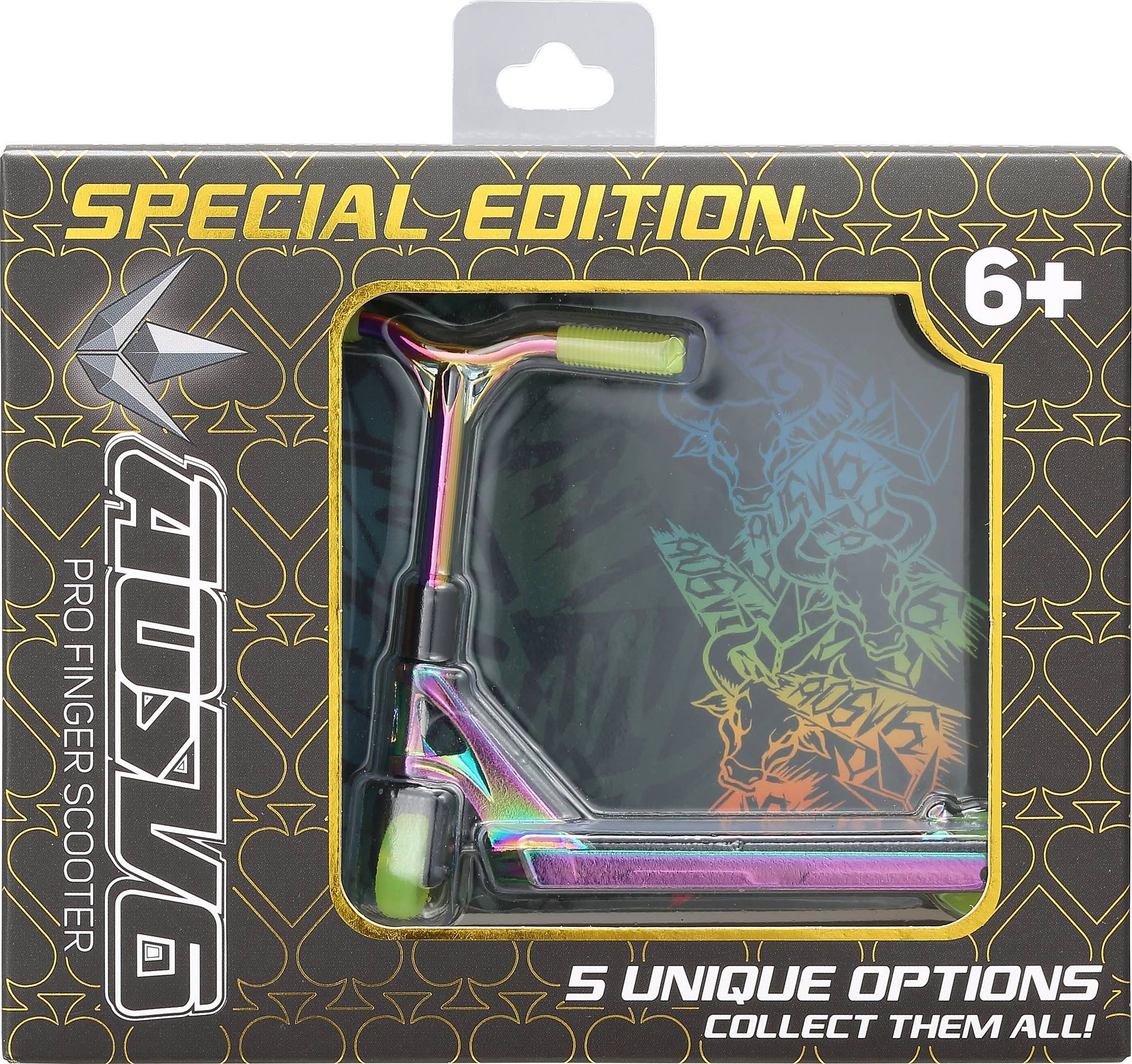 Toy packaging for the Blunt Envy AOS V6 Special Edition Finger Scooter - Charge, for ages 6+, features a multicolor design and highlights “5 unique options” to collect.