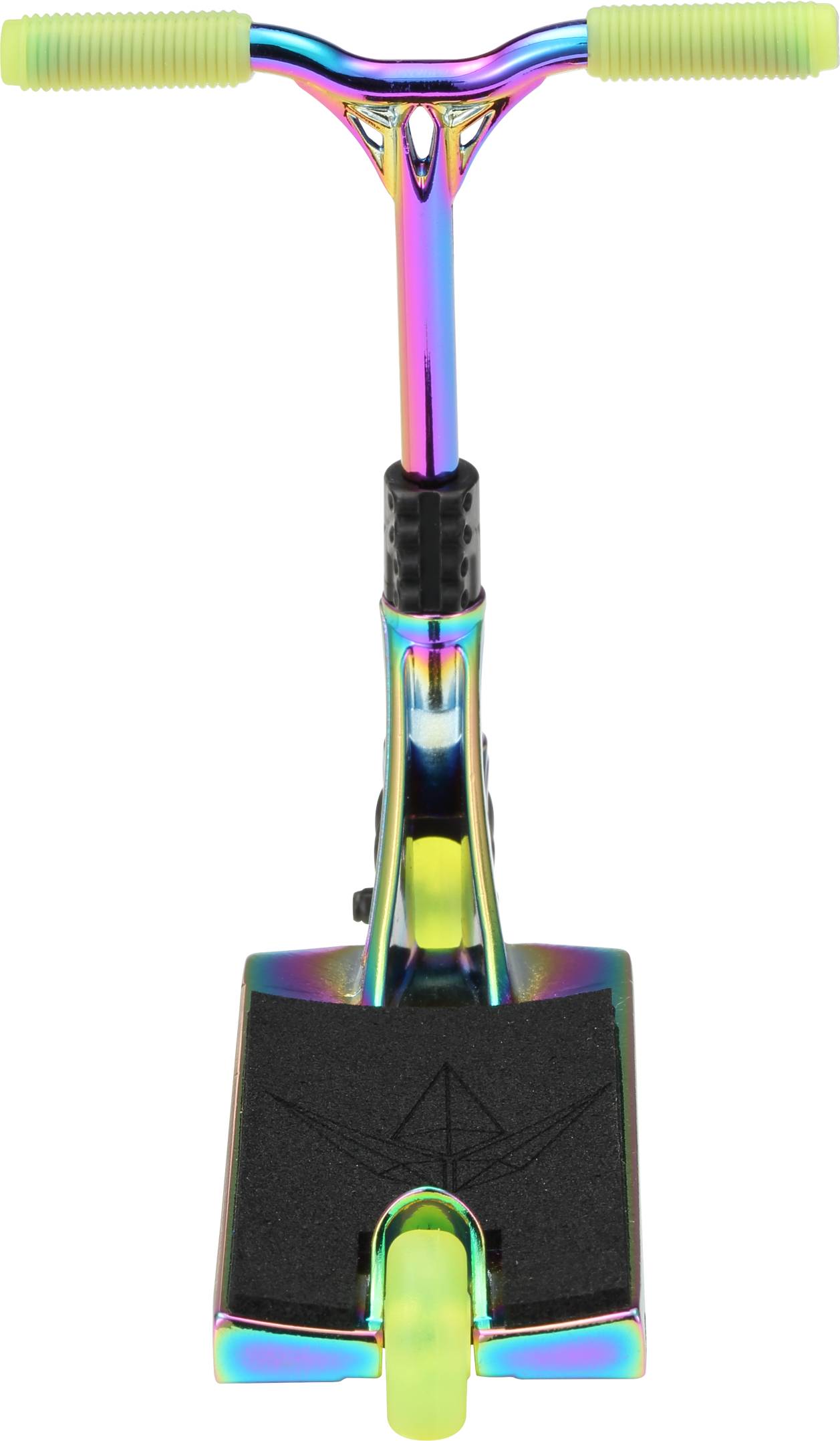 Front view of the Blunt Envy AOS V6 Special Edition Finger Scooter - Charge, featuring green handle grips and a matching rear wheel brake, displayed on a white background.