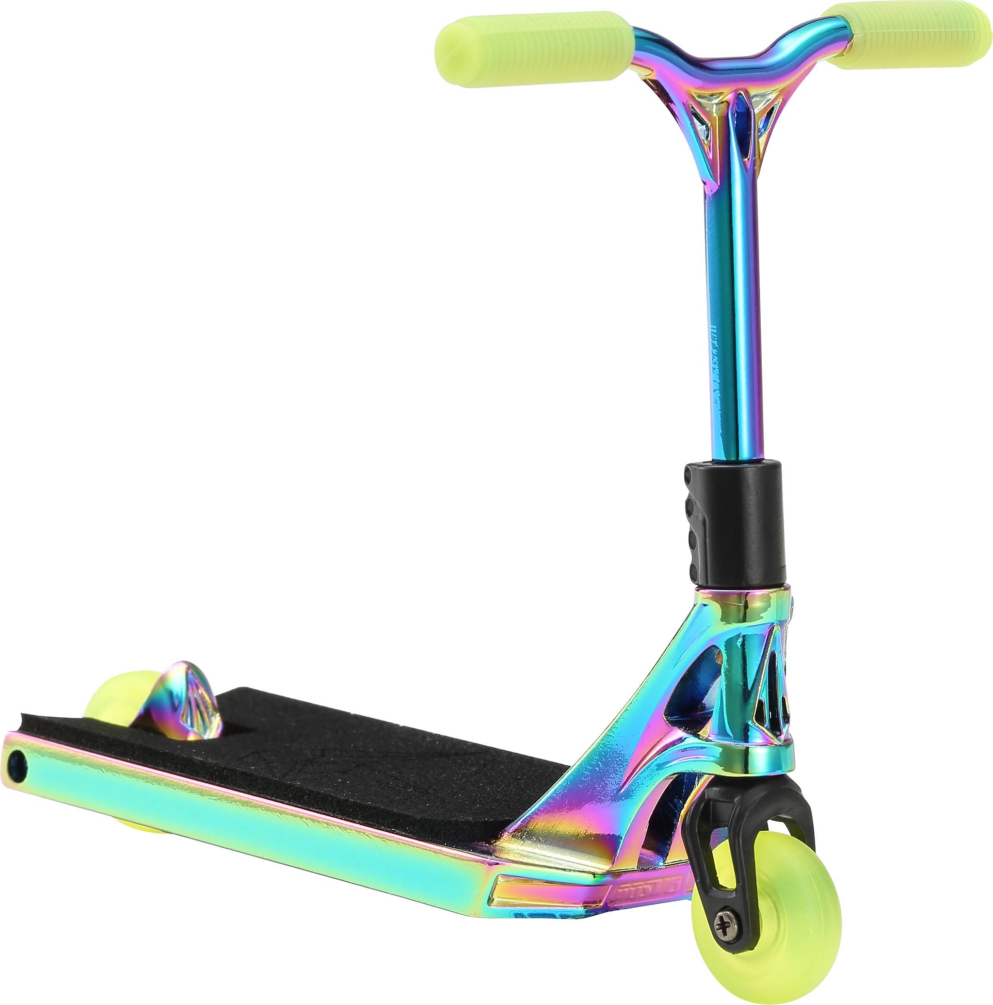 The Blunt Envy AOS V6 Special Edition Finger Scooter - Charge features neon yellow handles and wheels, a rainbow metallic frame, and black deck grip, shown from the front right angle.