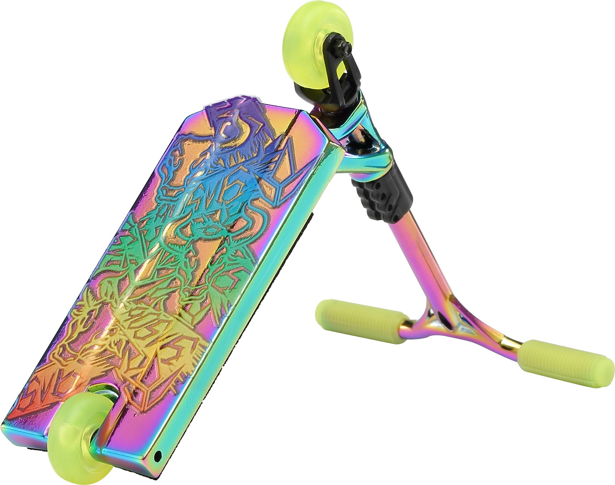 The Blunt Envy AOS V6 Special Edition Finger Scooter - Charge is shown at an angle, featuring neon yellow wheels and grips, a vibrant finish, engraved deck design, and sturdy frame.