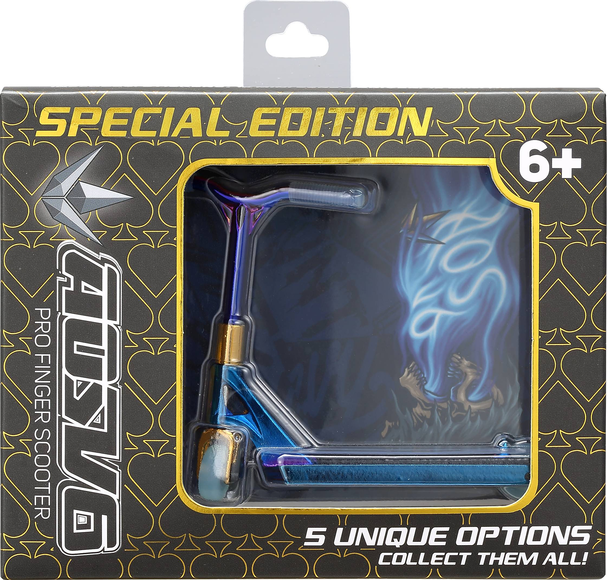 A boxed Blunt Envy AOS V6 Special Edition Finger Scooter - Heist toy for ages 6+, featuring a blue and gold mini scooter with King of Spades KOS graphic and bold text on 5 unique options to collect.