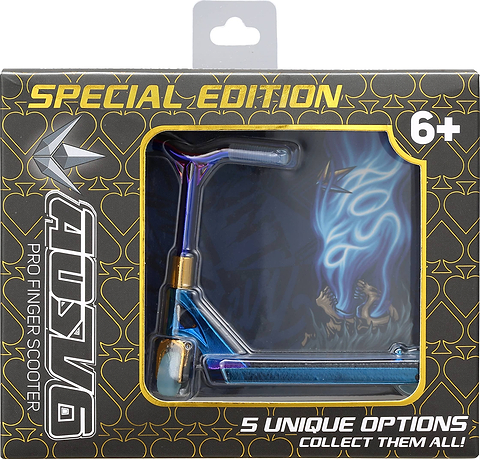 A boxed Blunt Envy AOS V6 Special Edition Finger Scooter - Heist toy for ages 6+, featuring a blue and gold mini scooter with King of Spades KOS graphic and bold text on 5 unique options to collect.
