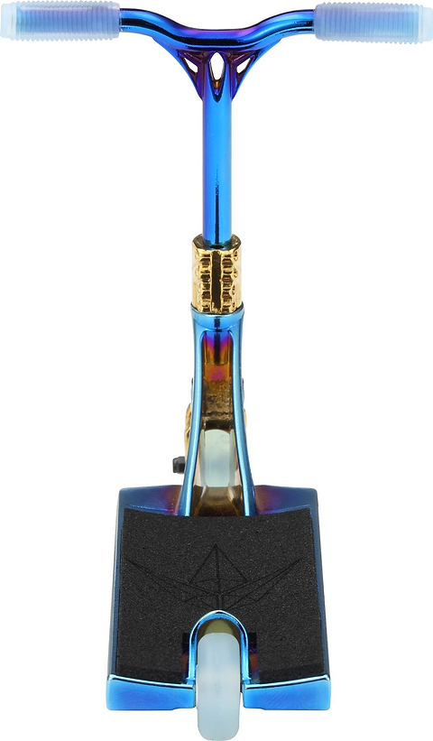 A front view of the Blunt Envy AOS V6 Special Edition Finger Scooter - Heist in blue and gold, with a King of Spades KOS deck graphic, black grip tape, and a clear rear wheel.