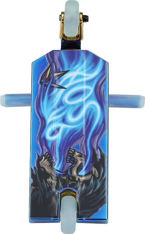 The Blunt Envy AOS V6 Special Edition Finger Scooter - Heist features a blue deck with a King of Spades KOS graphic, black wolf, swirling blue and purple smoke, two wheels, and two horizontal pegs.