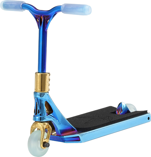 A metallic blue and gold Blunt Envy AOS V6 Special Edition Finger Scooter - Heist with clear grips and wheels, shown on a white background.