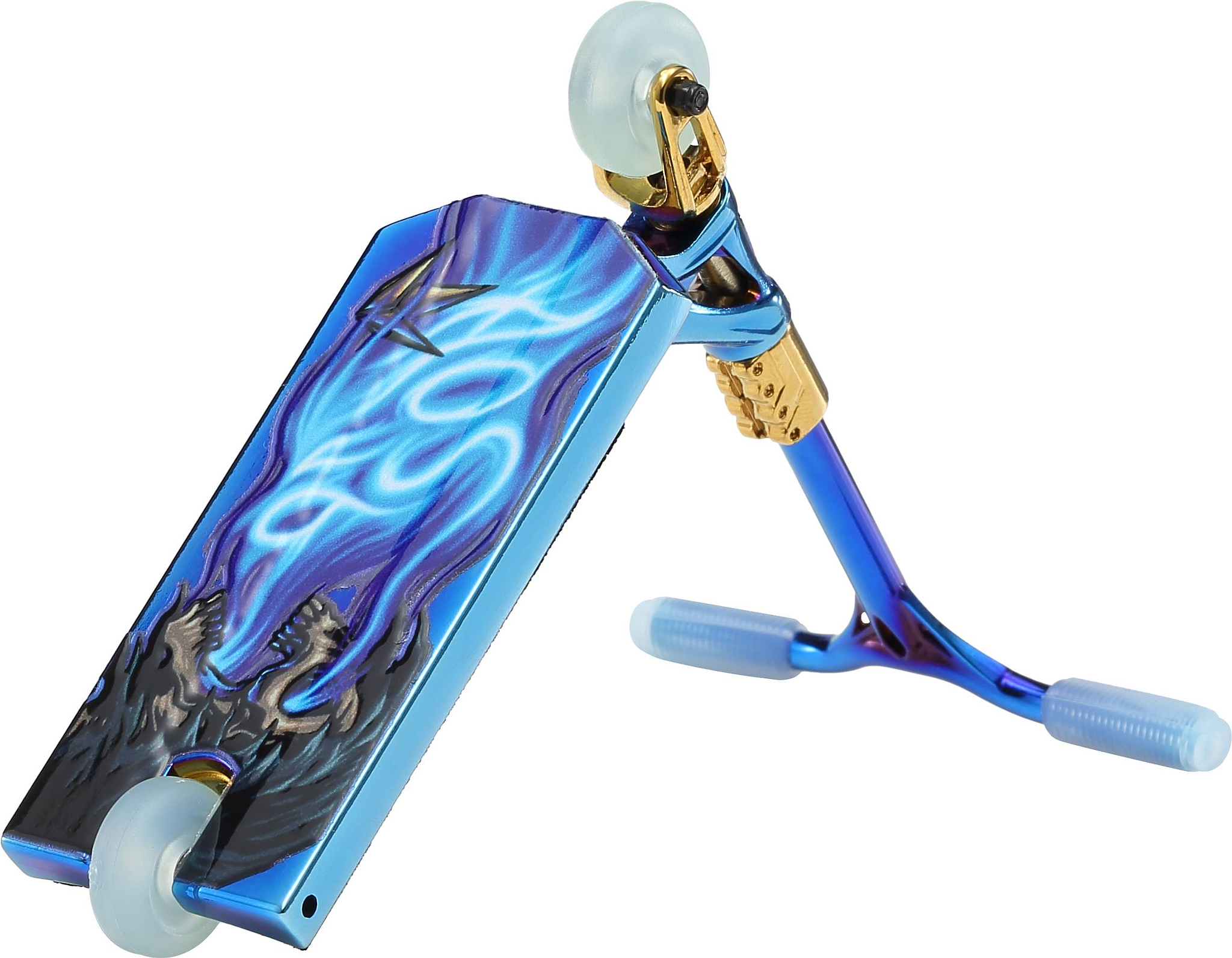 A metallic blue and gold Blunt Envy AOS V6 Special Edition Finger Scooter - Heist is shown angled, highlighting its wheels, handles, and detailed dragon artwork on the deck.
