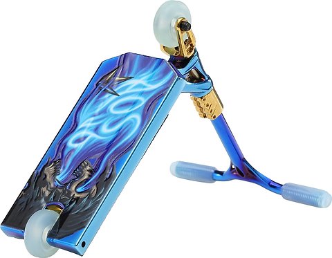 A metallic blue and gold Blunt Envy AOS V6 Special Edition Finger Scooter - Heist is shown angled, highlighting its wheels, handles, and detailed dragon artwork on the deck.