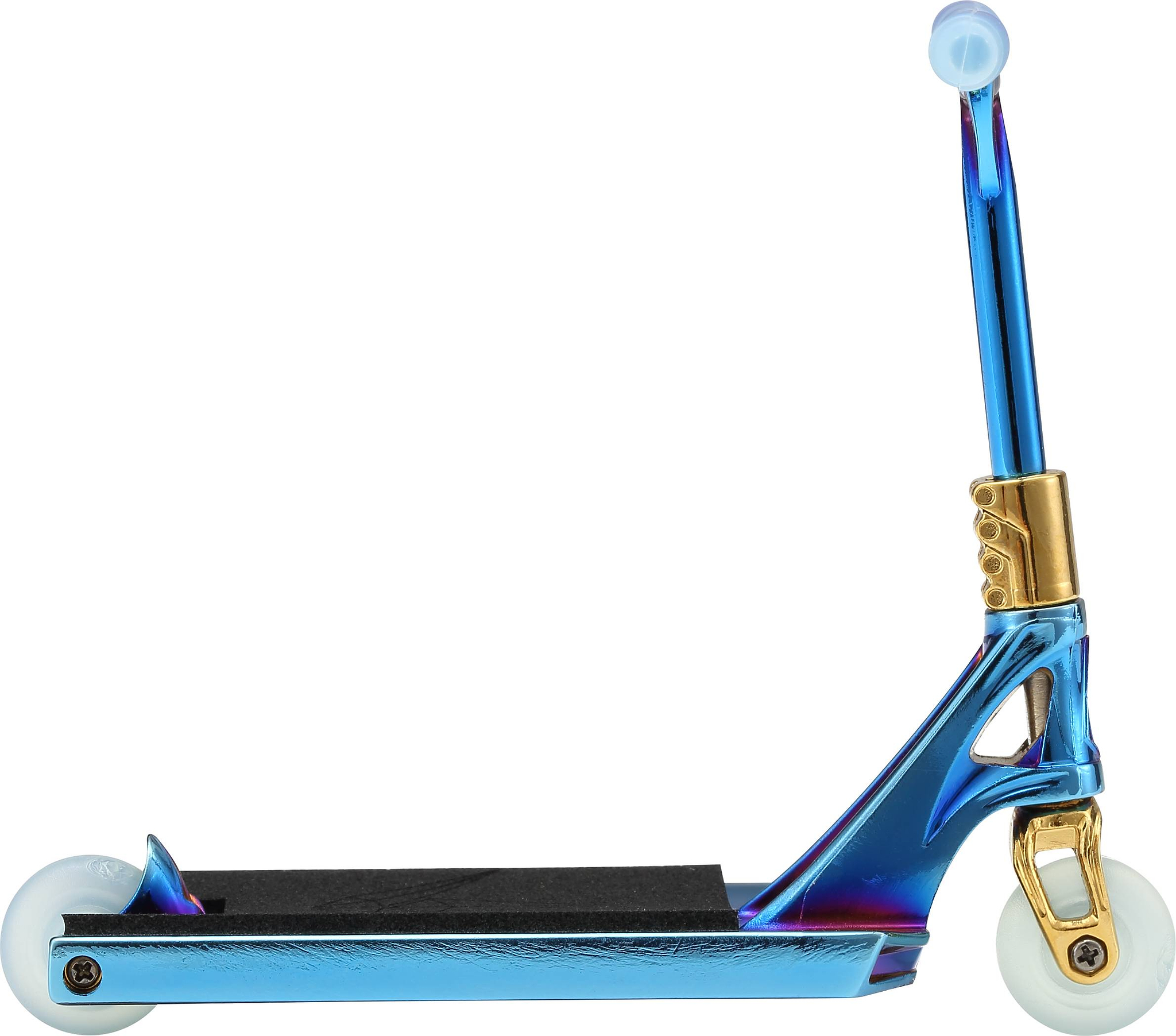 A blue and gold Blunt Envy AOS V6 Special Edition Finger Scooter - Heist with white wheels is shown from the side, featuring bold graphics against a clean white background.
