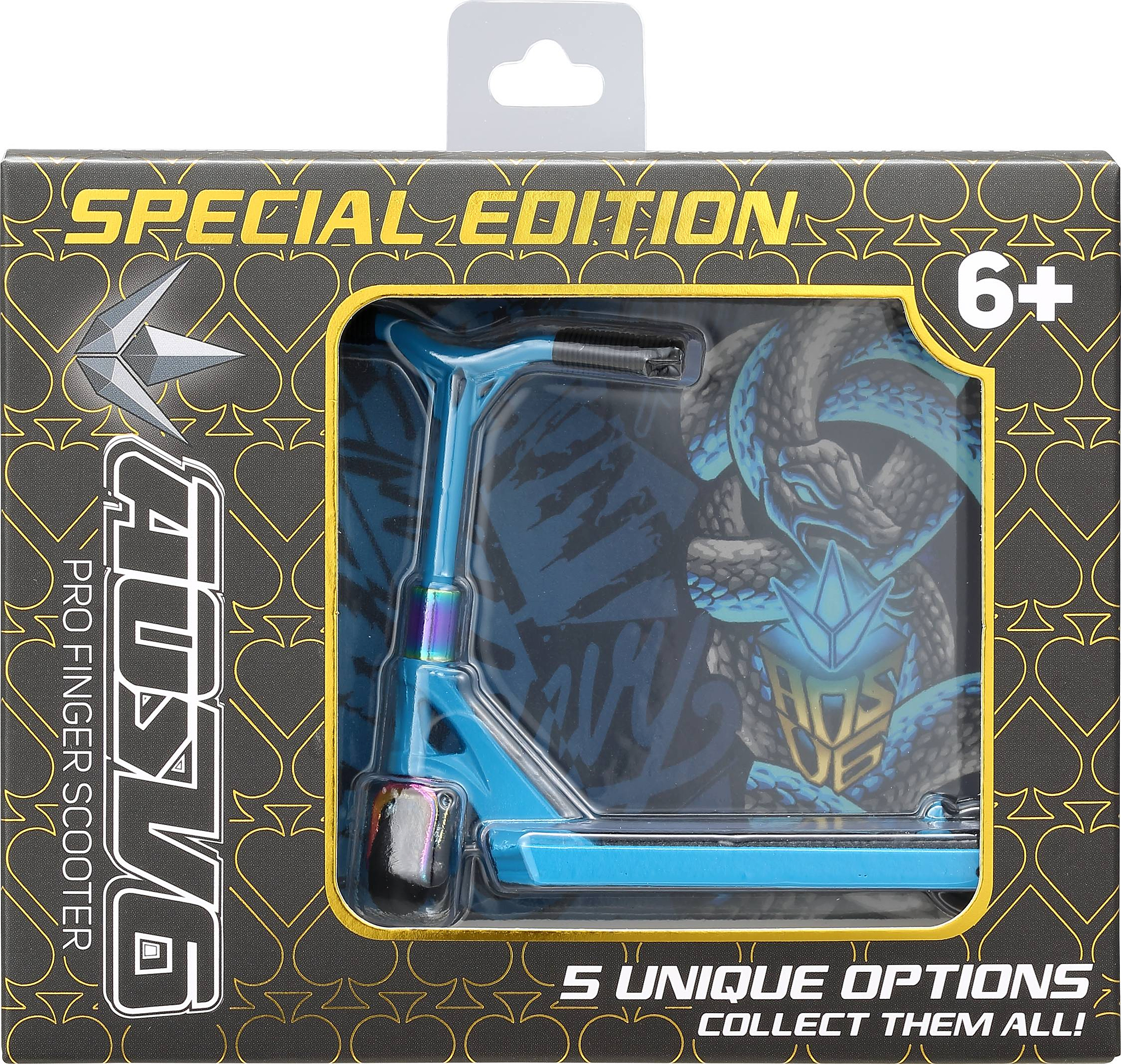 Blunt Envy AOS V6 Special Edition Finger Scooter - Python, in blue packaging with dragon graphic, for ages 6+. Text: “5 unique options, collect them all!”.
