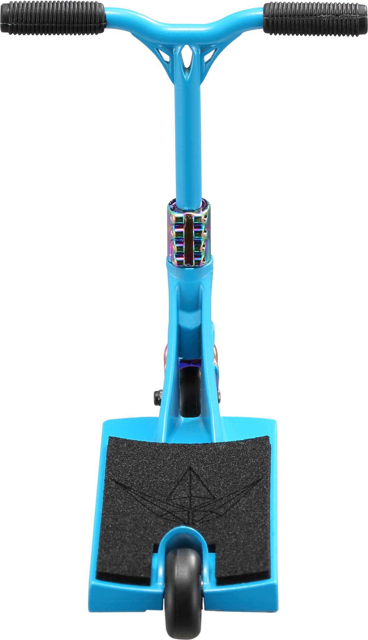 Front view of a blue Blunt Envy AOS V6 Special Edition Finger Scooter - Python with black handlebars, black grip tape on the deck, and a single black front wheel.