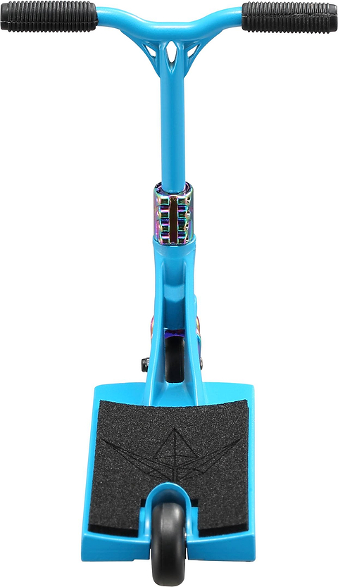 Front view of a blue Blunt Envy AOS V6 Special Edition Finger Scooter - Python with black handlebars, black grip tape on the deck, and a single black front wheel.