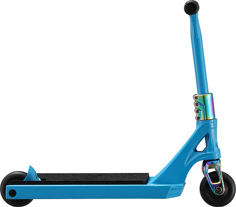 A Blunt Envy AOS V6 Special Edition Finger Scooter - Python features a blue deck, black wheels, black grip, and a metallic rainbow clamp. The mini finger scooter is shown from the side.