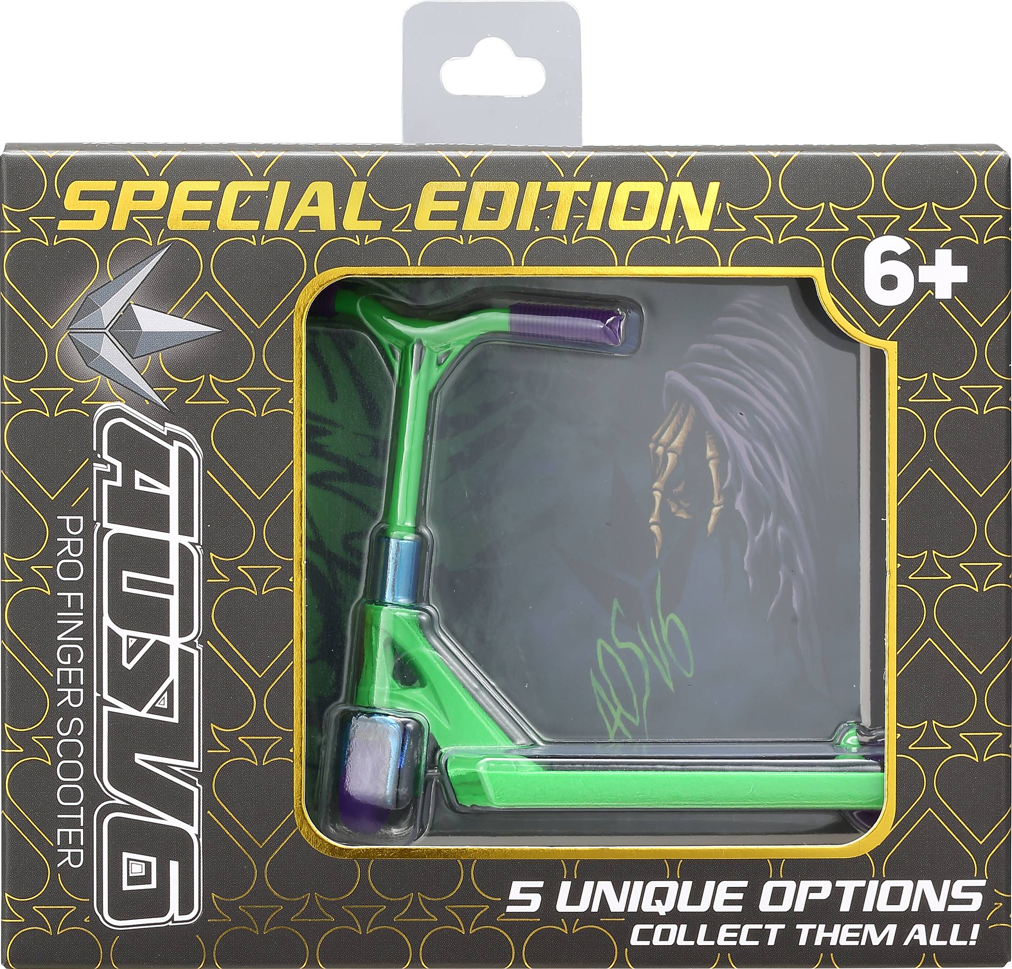 The Blunt Envy AOS V6 Special Edition Finger Scooter - Reaper features a green and purple finger scooter in a box. “5 unique options” and “collect them all!” Ages 6+. Packaging shows an illustrated rider.