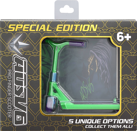 The Blunt Envy AOS V6 Special Edition Finger Scooter - Reaper features a green and purple finger scooter in a box. “5 unique options” and “collect them all!” Ages 6+. Packaging shows an illustrated rider.