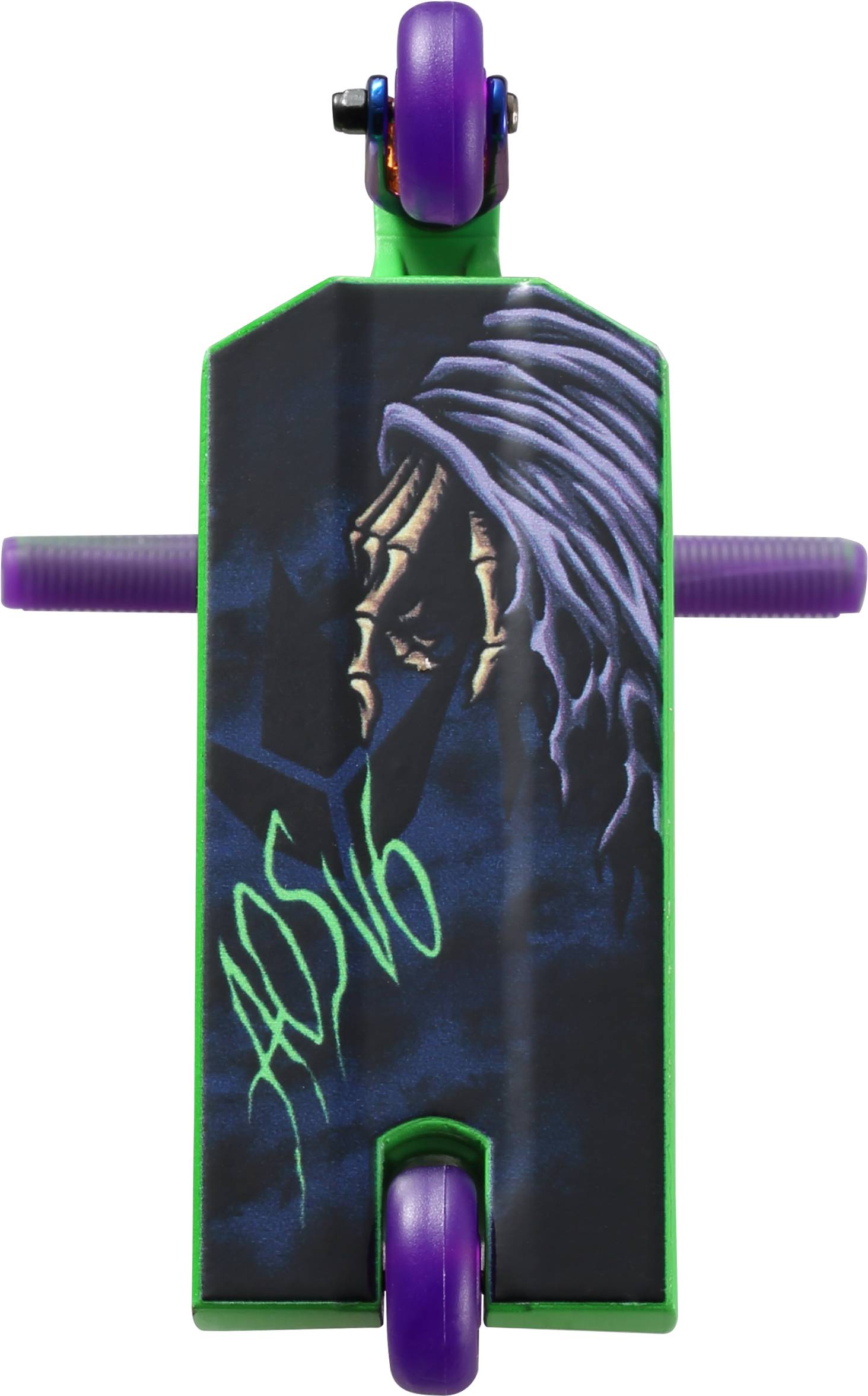 The Blunt Envy AOS V6 Special Edition Finger Scooter - Reaper features graffiti art of a hooded skeleton on dark blue, with purple wheels, green lettering, and purple handle-style grips.