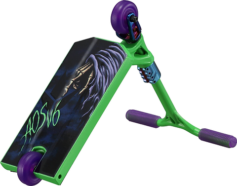 Blunt Envy AOS V6 Special Edition Finger Scooter - Reaper features green and purple deck, purple wheels, and unique long-haired character artwork with “ADS16” text on the underside. Displayed to show its bottom design.