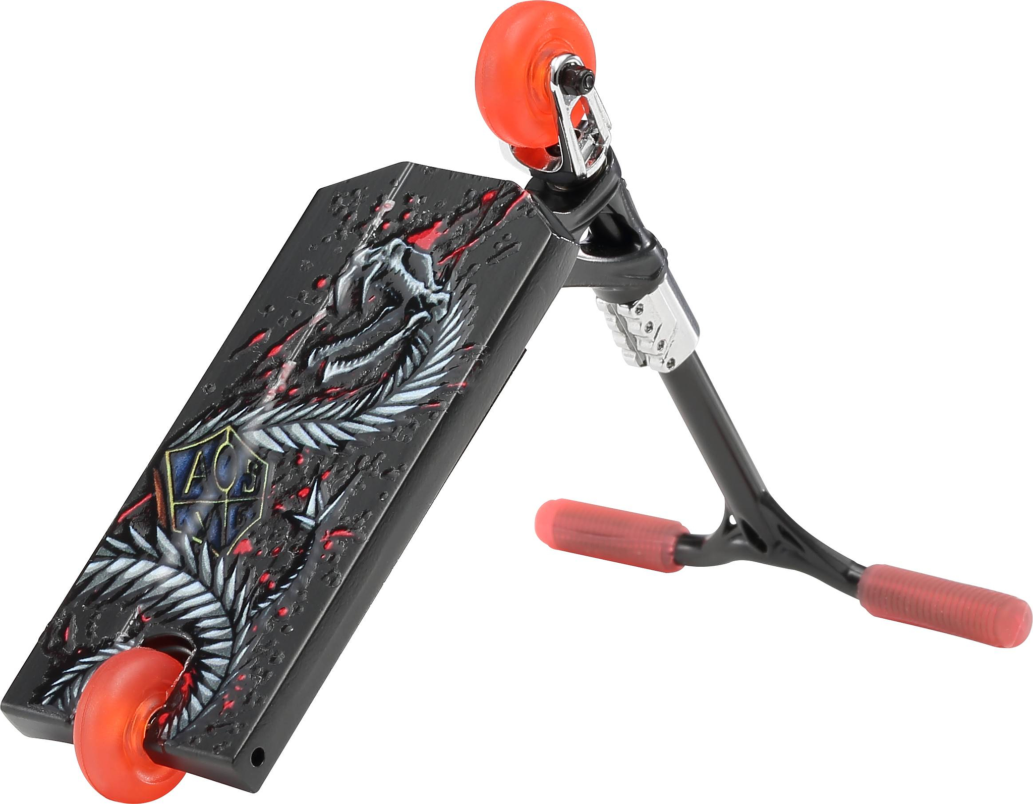 A black Blunt Envy AOS V6 Special Edition Finger Scooter - Viper with red wheels and grips, dragon deck graphic, and metallic front accents—just like the full-size stunt scooter.