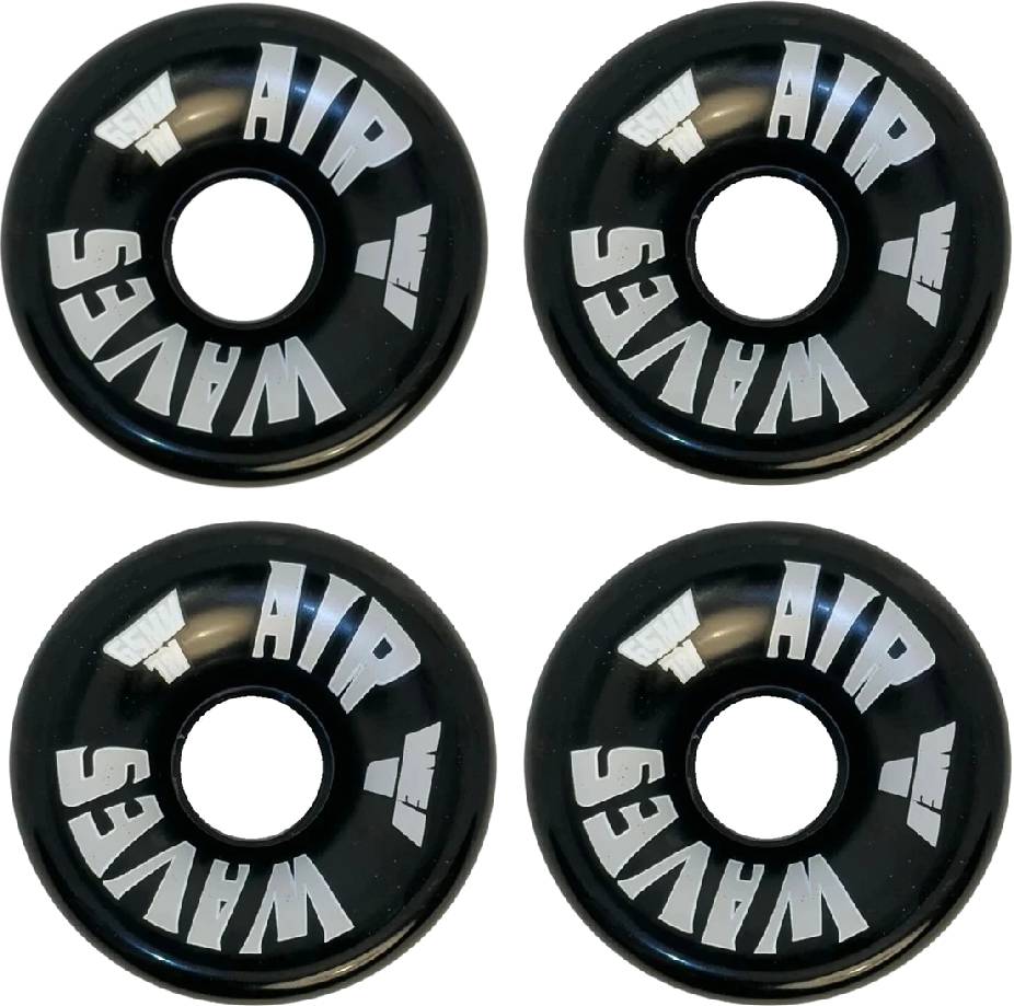 Set of eight Airwaves 78A Quad Roller Skate Wheels - Black 65mm x 36mm, featuring “AIR WAVES” in white on each durable polyurethane wheel—ideal for outdoor skating.