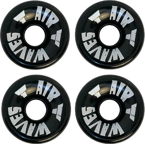 Set of eight Airwaves 78A Quad Roller Skate Wheels - Black 65mm x 36mm, featuring “AIR WAVES” in white on each durable polyurethane wheel—ideal for outdoor skating.
