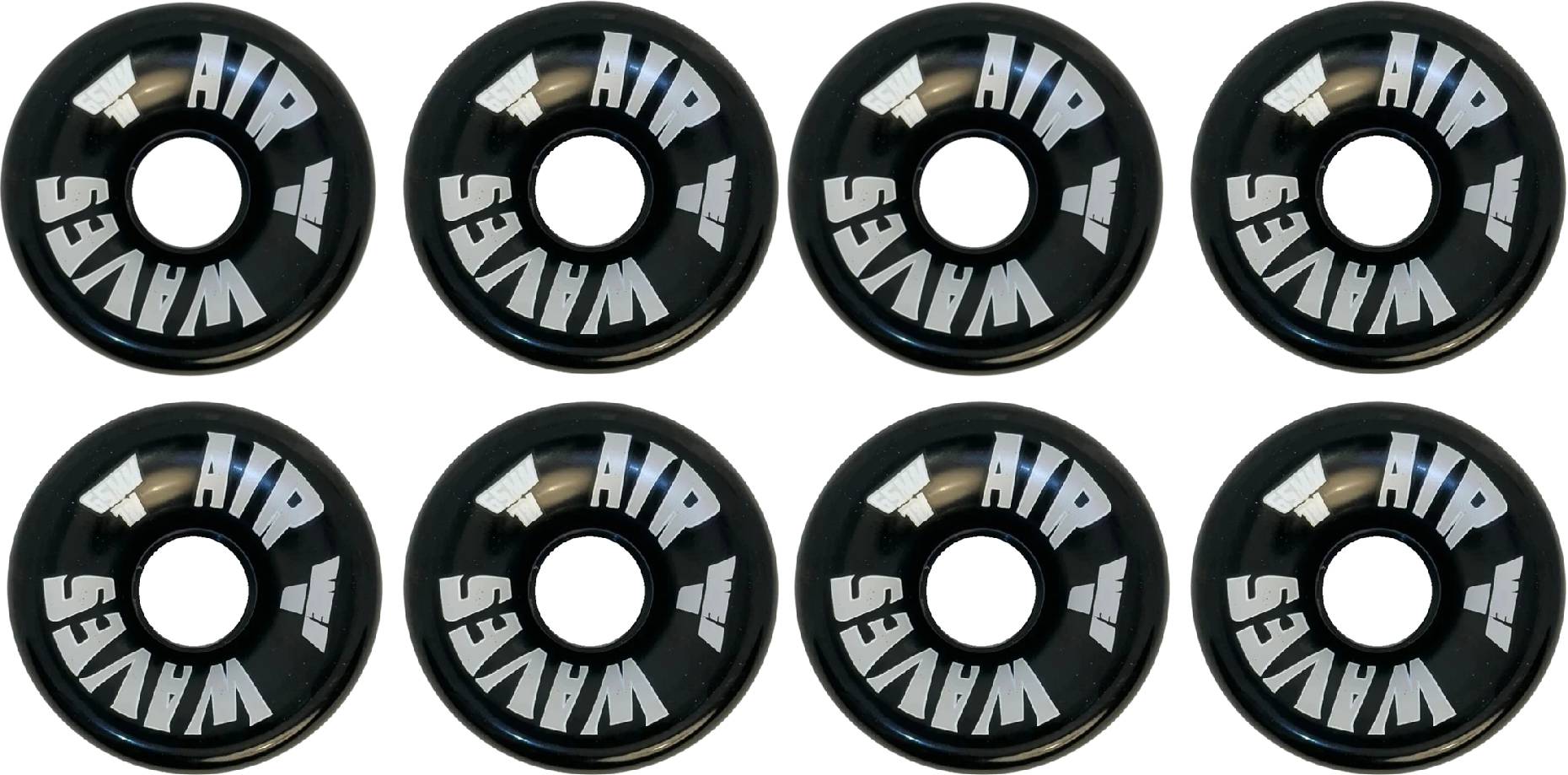 Eight Airwaves 78A Quad Roller Skate Wheels - Black 65mm x 36mm (8 Pack) are set in two rows of four, each featuring “AIR WAVES” in white and light blue on the edge.