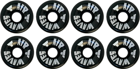 Eight Airwaves 78A Quad Roller Skate Wheels - Black 65mm x 36mm (8 Pack) are set in two rows of four, each featuring “AIR WAVES” in white and light blue on the edge.