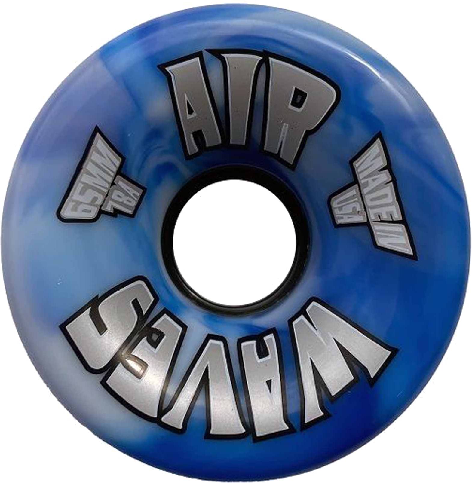 Airwaves 78A Quad Roller Skate Wheels - Blue Swirl 65mm x 36mm (8 Pack) feature bold silver “AIR WAVES”, “65MM 78A,” and “MADE IN USA” print—ideal outdoor 78A polyurethane wheels for quad skates.