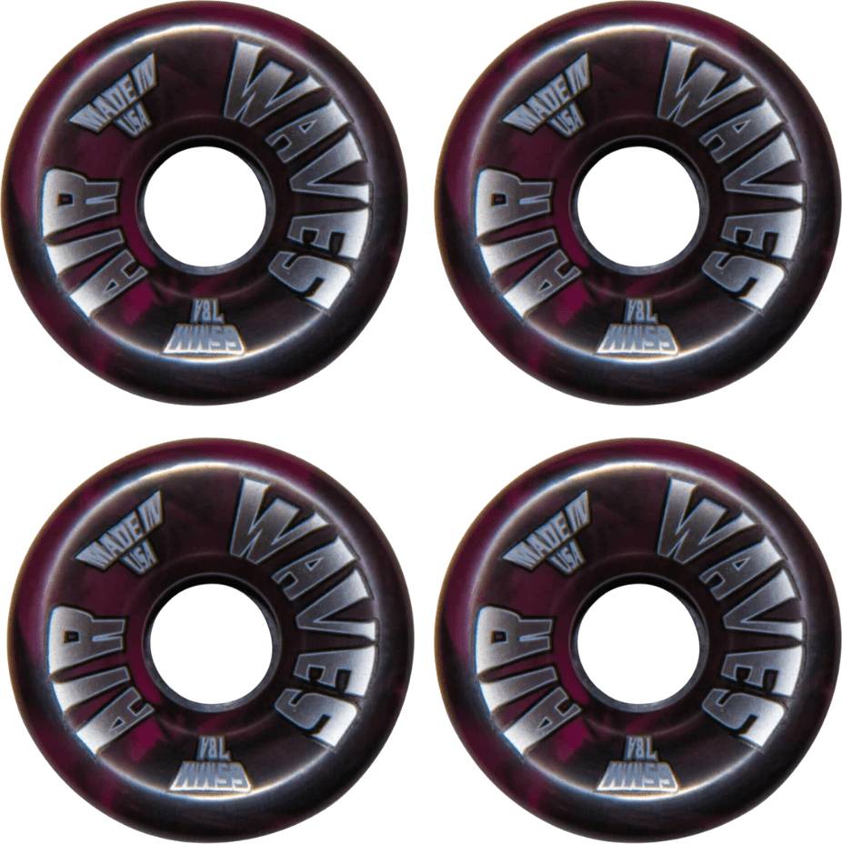 Eight “Airwaves 78A Quad Roller Skate Wheels - Dark Pink Swirl 65mm x 36mm (8 Pack)” are shown in a square. Each wheel features silver “AIR WAVES” and “MADE IN USA” text around the center hole.