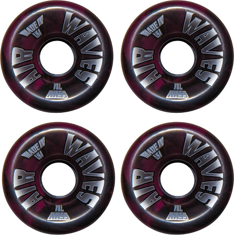 Eight “Airwaves 78A Quad Roller Skate Wheels - Dark Pink Swirl 65mm x 36mm (8 Pack)” are shown in a square. Each wheel features silver “AIR WAVES” and “MADE IN USA” text around the center hole.