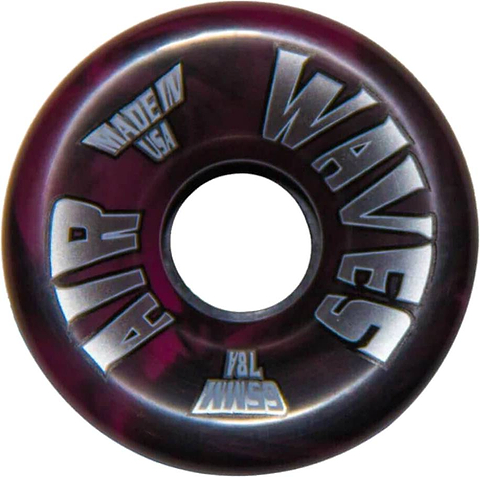 The Airwaves 78A Quad Roller Skate Wheels - Dark Pink Swirl 65mm x 36mm (8 Pack) feature “AIR WAVES” and “65MM 78A” in silver, made from 78A polyurethane. MADE IN USA. Perfect for quad roller skates.