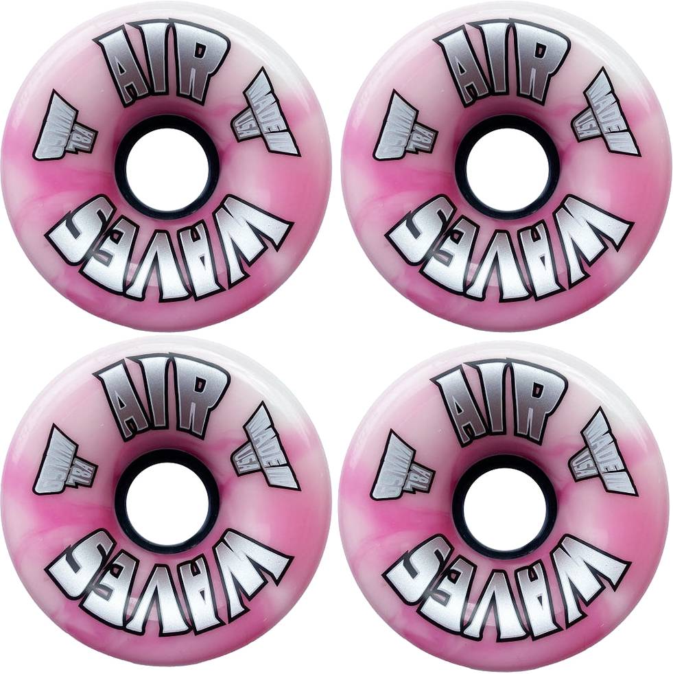Eight pink swirl Airwaves 78A Quad Roller Skate Wheels - Pink Swirl 65mm x 36mm (8 Pack) from Airwaves, shown in a square on a white background—ideal outdoor wheels for smooth rides.