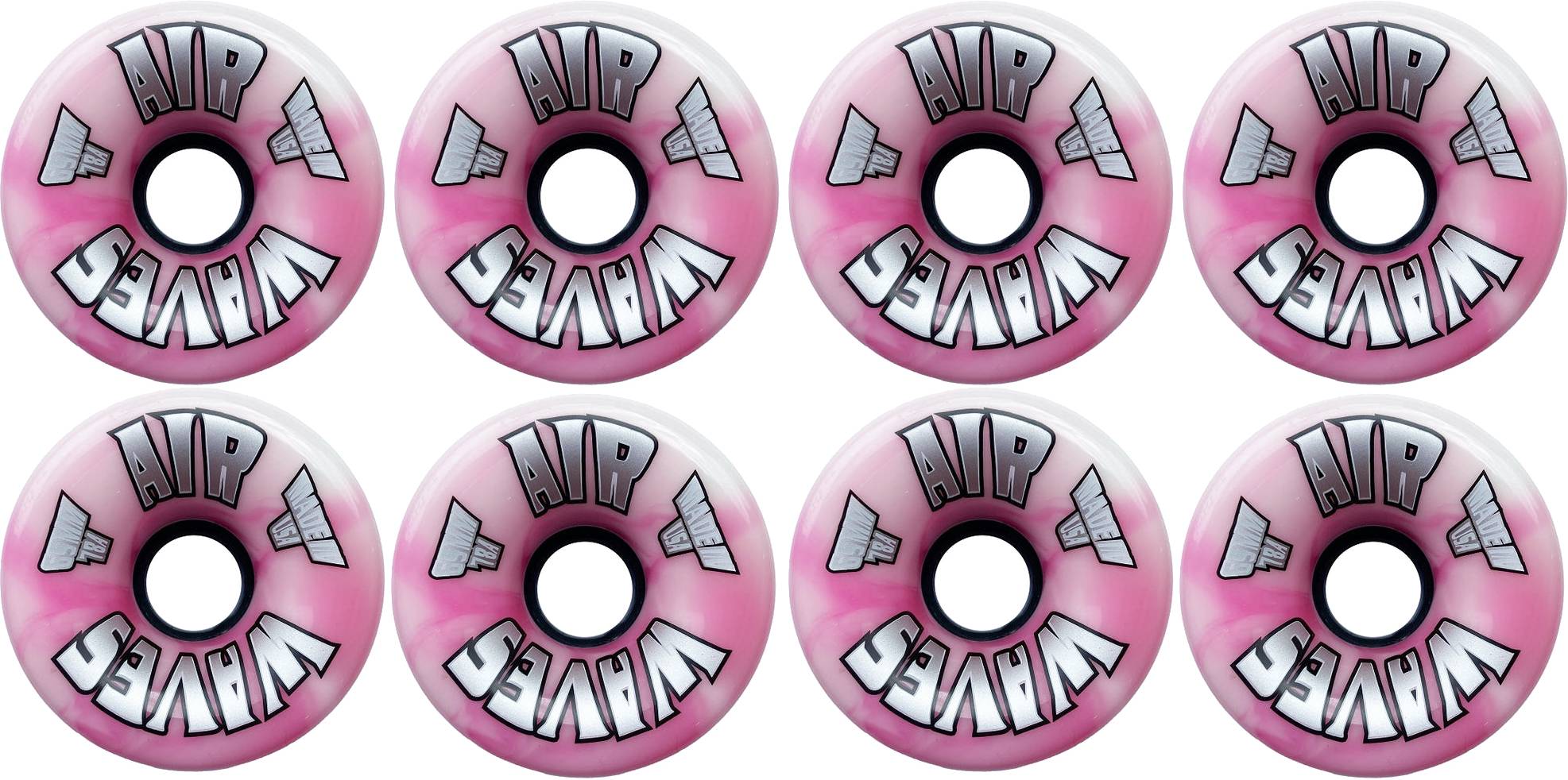 Eight Airwaves 78A Quad Roller Skate Wheels - Pink Swirl 65mm x 36mm (8 Pack), perfect for outdoor skating, arranged in two rows on a white background.