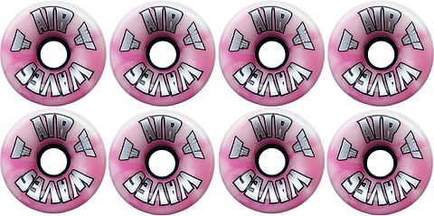 Eight Airwaves 78A Quad Roller Skate Wheels - Pink Swirl 65mm x 36mm (8 Pack), perfect for outdoor skating, arranged in two rows on a white background.