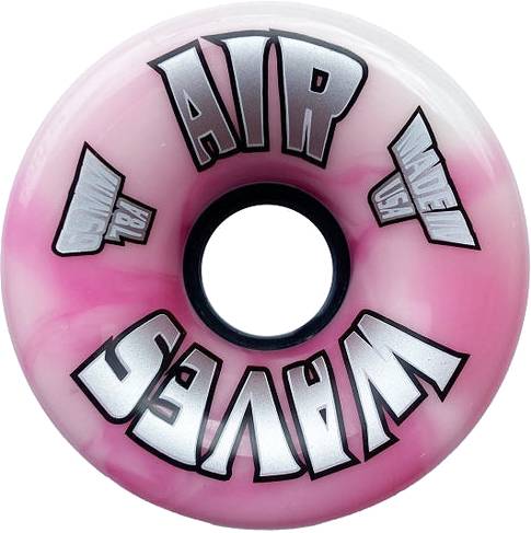 The Airwaves 78A Quad Roller Skate Wheels - Pink Swirl 65mm x 36mm (8 Pack) feature “AIR WAVES” and “MADE IN USA” on pink/white polyurethane—ideal for quad roller or outdoor skating.