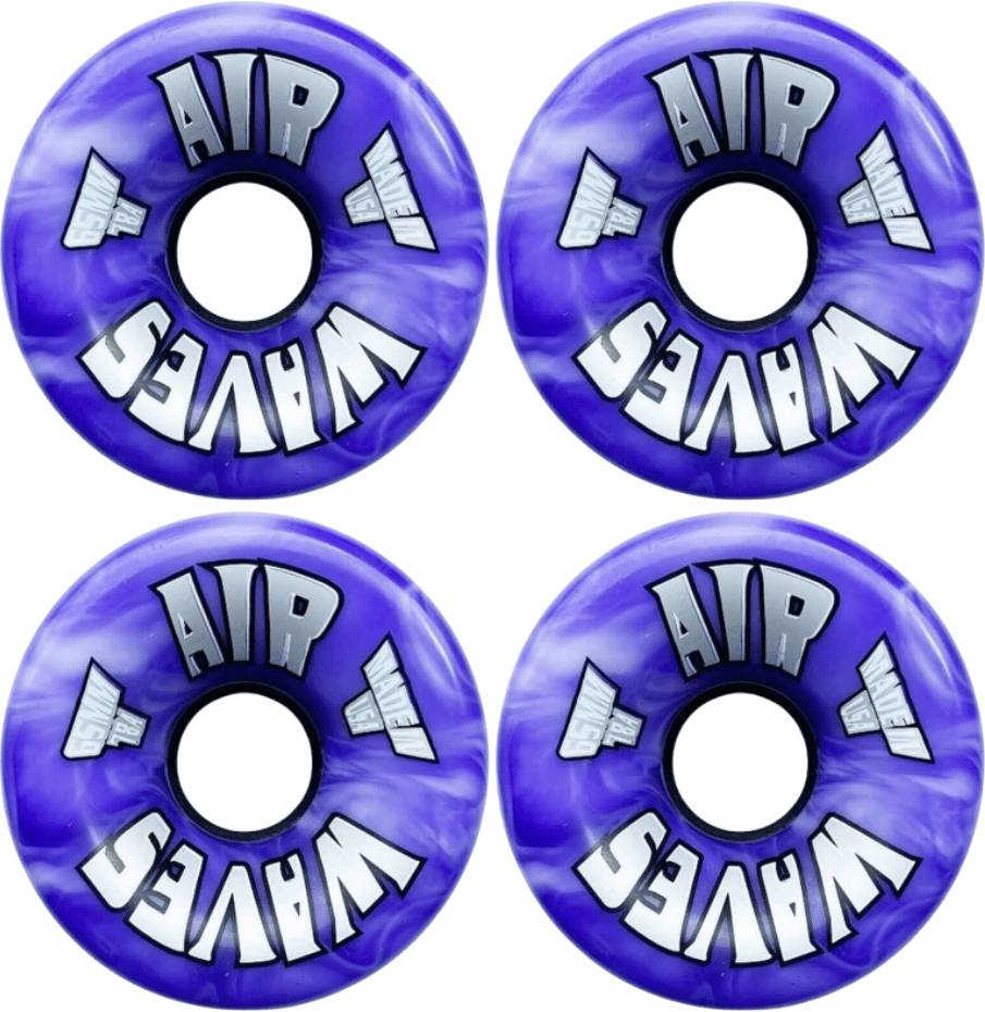 Eight Airwaves 78A Quad Roller Skate Wheels - Purple Swirl 65mm x 36mm are shown in a square on a white background, each with “AIR WAVES” printed in white and silver.