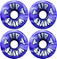 Eight Airwaves 78A Quad Roller Skate Wheels - Purple Swirl 65mm x 36mm are shown in a square on a white background, each with “AIR WAVES” printed in white and silver.