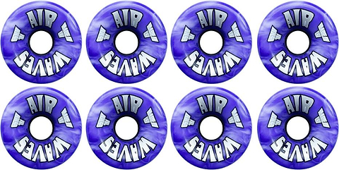Eight Airwaves 78A Quad Roller Skate Wheels - Purple Swirl 65mm x 36mm, branded “AIR WAVES” in white and black, arranged in two rows—perfect for quad roller or recreational skates.