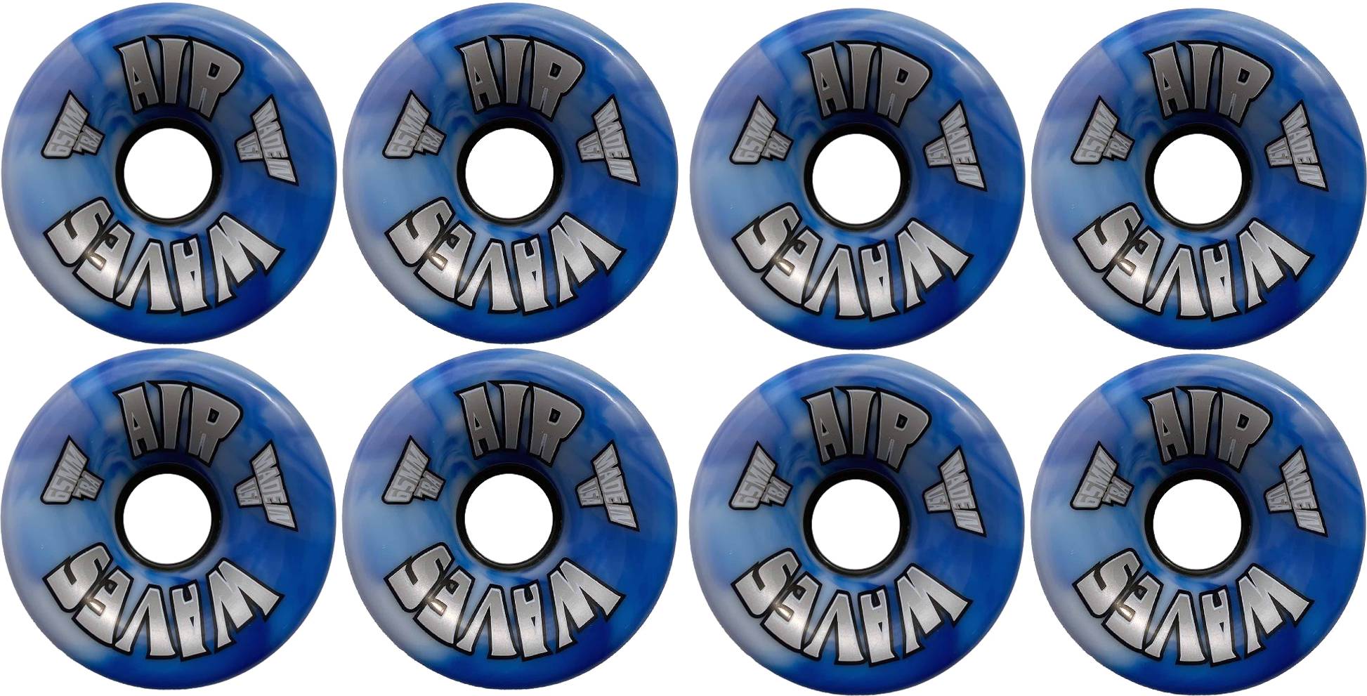 Eight Airwaves 78A Quad Roller Skate Wheels - Blue Swirl 65mm x 36mm (8 Pack) by Airwaves, arranged in two rows of four on a white background.