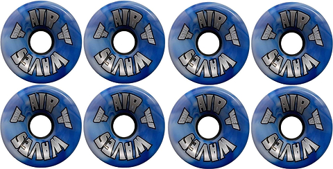 Eight Airwaves 78A Quad Roller Skate Wheels - Blue Swirl 65mm x 36mm (8 Pack) by Airwaves, arranged in two rows of four on a white background.