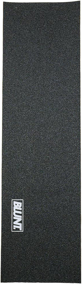 A rectangular sheet of Blunt Envy Basics Stunt Scooter Griptape - Box Logo in black, featuring a rough texture and a white “BLUNT” logo in the bottom left corner—ideal for customizing your setup with Blunt Envy scooter parts.