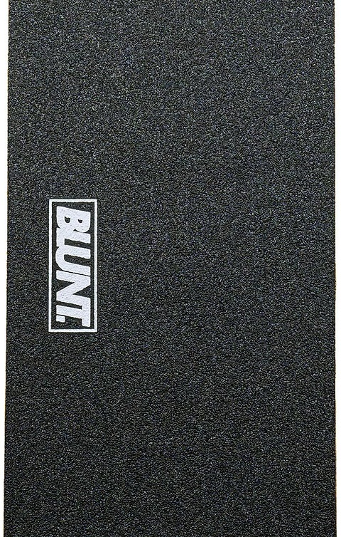 The Blunt Envy Basics Stunt Scooter Griptape - Box Logo features a rectangular sheet of black, rough-textured grip tape with the word “BLUNT.” displayed in bold white block letters inside a white rectangle on the left side. Add this essential Blunt Envy griptape to your scooter parts collection.