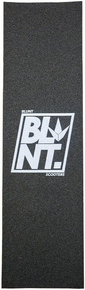 A rectangular sheet of black Blunt Envy Basics Stunt Scooter Griptape – Skewed features the bold, stylized “BLUNT ENVY” logo in white at the center, complete with a small graphic leaf emblem. The coarse grit finish ensures excellent traction and showcases Blunt Envy’s signature style.