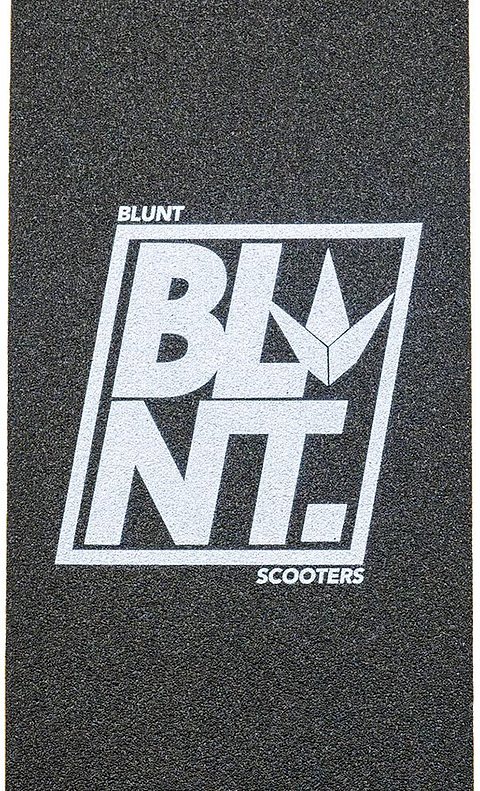 Close-up of the Blunt Envy Basics Stunt Scooter Griptape - Skewed in black coarse grit, with bold white “BLUNT SCOOTERS” and “BLNT.” text inside a rectangle, accompanied by a stylized logo above the “N”—a signature design from Blunt Envy.